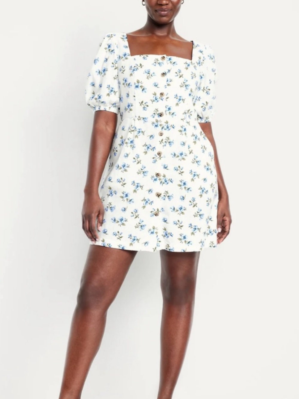Old Navy Puff-Sleeve Square Neck Linen Blend Floral Mini Dress White & Blue